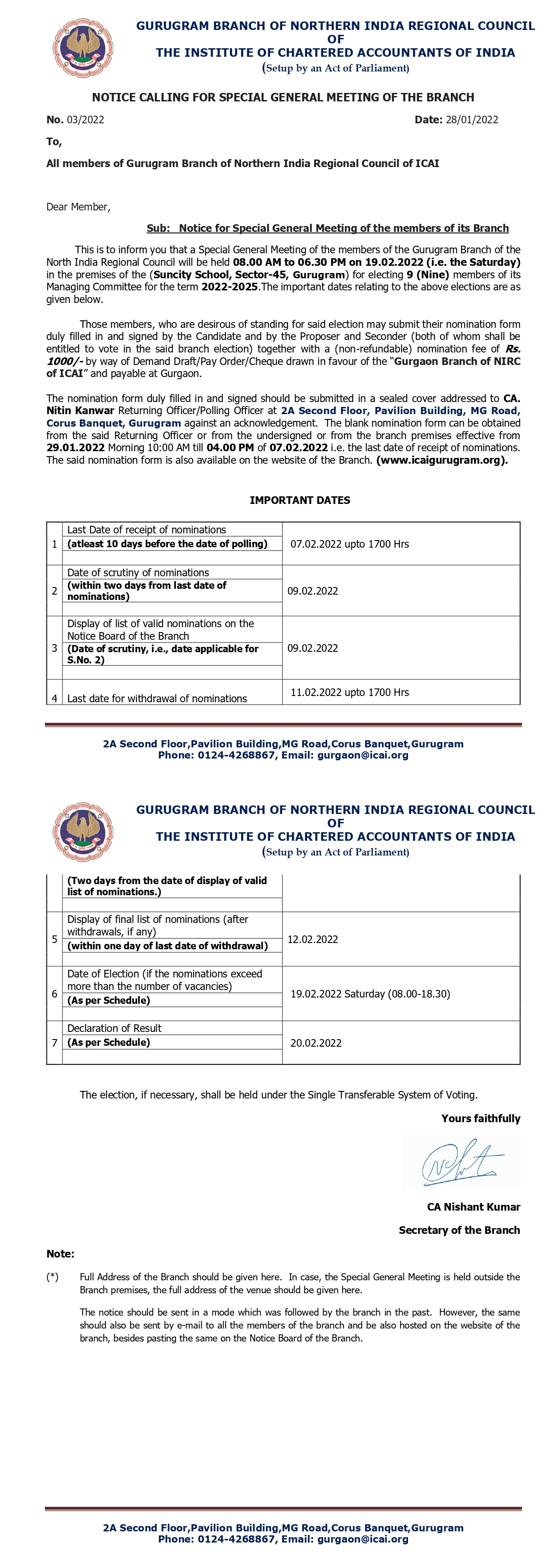 NOTICE CALLING FOR SPECIAL GENERAL MEETING OF THE BRANCH 2022